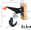 A diagram showing the dimensions of a heavy-duty caster wheel with a locking mechanism, attached to a wooden block. Anteprima dell’immagine prodotto