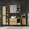 A modern bathroom vanity set with a sink, mirror, and storage cabinets against a dark tiled wall. Produktbild-Vorschau