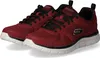A pair of burgundy Skechers sneakers with black laces and white soles, shown from a slightly elevated side angle. Produktbild-Vorschau