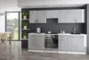 A modern, high-gloss gray kitchen unit with appliances and cabinets. Produktbild-Vorschau