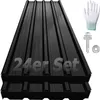 A stack of black corrugated metal roofing sheets with a screw and washer, and a pair of white gloves. Produktbild-Vorschau