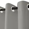 Close-up view of gray outdoor curtains with grommets on a black curtain rod. Produktbild-Vorschau