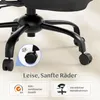 Close-up of the base of a black office chair, showing its wheels and a magnified inset of a wheel with a sound icon indicating quiet operation. Text below highlights features. Anteprima dell’immagine prodotto
