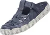 Auf dem Bild ist ein blauer flacher Schuh zu sehen der von der Seite betrachtet wird. Der Schuh hat ein schlichtes Design mit einer rutschfesten Sohle und einer attraktiven Farbe. Produktbild-Vorschau