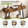 A rustic brown console table with a geometric metal frame, displayed in a room setting and in smaller circular insets showing different room placements. Podgląd zdjęcia produktu