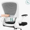 A close-up of the back of a white office chair, with a hand adjusting a lumbar support feature. Produktbild-Vorschau
