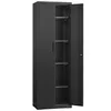 A tall, black, metal cabinet with two doors, one of which is open, revealing four shelves inside. The cabinet is shown against a white background. Náhled obrázku produktu