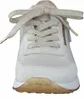 A close-up front view of a beige sneaker with gold laces. Produktbild-Vorschau