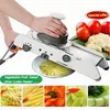 A person is using a vegetable slicer, with various sliced vegetables shown in smaller images at the bottom. Produktbild-Vorschau