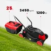 A black and red electric lawnmower is shown on a green grassy slope, with text overlays indicating its specifications. Produktbild-Vorschau