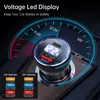 A car charger with a digital display showing voltage, set against a dashboard background with a gauge graphic. Produktbild-Vorschau