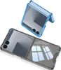 Two transparent flip phone cases, one blue and one gray, are shown against a white background. Produktbild-Vorschau
