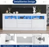 A white TV stand with LED lighting, shown with decorative items on top and close-up views of its features. Produktbild-Vorschau