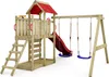 A wooden playground set with a slide, swings, ladder, and sandpit, set against a white background. Anteprima dell’immagine prodotto