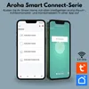 Two smartphones displaying a smart home app interface, with icons and text indicating connectivity and features. Produktbild-Vorschau