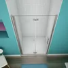 A shower enclosure with glass doors and a white shower tray, set within a bathroom with turquoise walls and white tiled ceiling. Produktbild-Vorschau