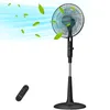 A black pedestal fan is shown on a white background, with green leaves and blue air currents indicating airflow. Produktbild-Vorschau