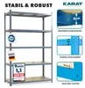 A gray metal shelving unit with wooden shelves, shown with various marketing callouts and close-up feature illustrations. Produktbild-Vorschau