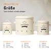 Three cream-colored storage containers for vegetables, labeled for garlic, potatoes, and onions, with size charts below. Produktbild-Vorschau