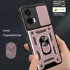 A hand is holding a rose gold and black phone case with a ring holder. The case has a camera cover and text indicating it's fingerprint-free. Produktbild-Vorschau