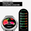 A smartwatch displaying body composition data, next to a graphic about body composition. Podgląd zdjęcia produktu