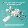 Exploded view of plumbing fittings and a thermostat head against a teal background with text overlays. Produktbild-Vorschau