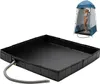 A product shot of an outdoor shower tray with a lifestyle image of a portable shower tent in the background. Produktbild-Vorschau