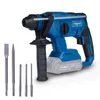 A blue and black cordless rotary hammer with several drill bits and chisels displayed in front of it, all on a white background. Produktbild-Vorschau