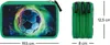 A product shot of a pencil case with a soccer ball design, shown from the front and side, with dimensions indicated. Produktbild-Vorschau
