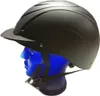 A black riding helmet on a blue mannequin head. Produktbild-Vorschau
