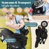 A mother holding her baby next to a stroller, with icons indicating transport options and text highlighting features. Produktbild-Vorschau