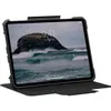 A tablet in a black protective case with a stand, displaying a lock screen with a seascape. Produktbild-Vorschau