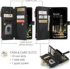 A collage of images showing a black wallet-style phone case with various compartments for cards and cash, and a phone inserted. Produktbild-Vorschau