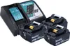 A Makita battery charger and three batteries are displayed on a white background. Podgląd zdjęcia produktu