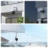 Collage of three images showing a PTZ PoE security camera mounted on a building exterior during the day and night, and another camera mounted under an overhang at an airport. Produktbild-Vorschau