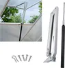 A greenhouse window opener and its components are displayed against a white background, with a separate image showing the opener installed on a greenhouse. Produktbild-Vorschau