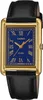 A close-up, front-facing studio shot of a Casio women's watch with a gold rectangular case, a blue dial with Roman numerals, and a black leather strap. Produktbild-Vorschau