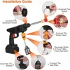 An installation guide for a cordless pressure washer, showing how to connect various parts. Produktbild-Vorschau