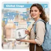 A woman holding a white and gray electric kettle in front of a world map graphic showing global voltage usage. Produktbild-Vorschau