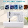 A white sewing machine is shown in the foreground, with a collage of different fabric types displayed above it. Produktbild-Vorschau