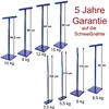 A collage of various sizes of blue metal t-handle tampers with their dimensions and weights labeled. Produktbild-Vorschau