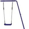 A close-up view of a purple swing set frame with a blue swing seat hanging from chains. Produktbild-Vorschau