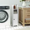 A narrow white cabinet stands next to a washing machine and a bathroom vanity. Produktbild-Vorschau