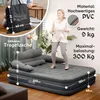 Collage showing an inflatable bed with a woman jumping on it, a tote bag, and product specifications. Produktbild-Vorschau