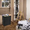 A laundry basket filled with clothes is placed in a room with a closet and a ladder. Voir les images du produit