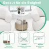 A round side table with a storage basket is shown between two white armchairs, with close-up views of its features below. Anteprima dell’immagine prodotto