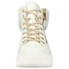 A front view of a white high-top sneaker with beige laces and gold zipper. Produktbild-Vorschau