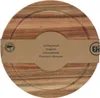 A round wooden cutting board with a paper band around it. Voir les images du produit