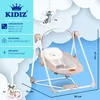 A baby swing with informational graphics and toys, set against a cloudy blue background. Produktbild-Vorschau