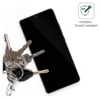 A black smartphone screen protector is shown with a set of keys placed on it, demonstrating its scratch-resistant properties. A graphic indicating 9H hardness and scratch resistance is in the upper right corner. Náhľad obrázku produktu